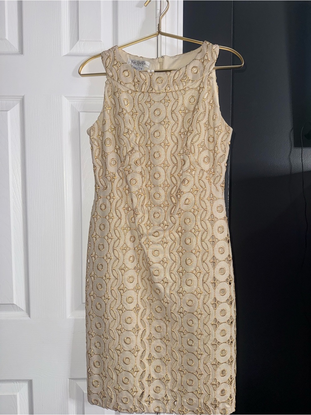 Kay unger  Gold-Accented Cream Sheath Dress